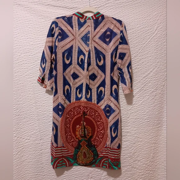 100% Silk Bohemian Geometric Print Tunic in Blue and Red XS - Picture 3 of 6